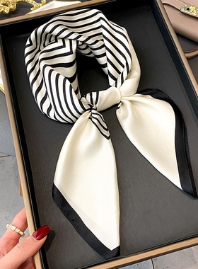 新款小方巾条纹丝巾女时尚仿真丝围巾女70cm方巾领巾披肩春秋格子