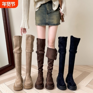 时尚部落长筒靴子女2025年秋冬季过膝骑士靴棕色黑色粗跟鞋子高筒