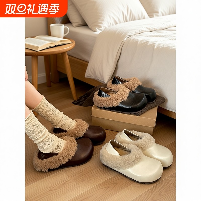 厚底加绒两穿勃肯鞋女款2025新款冬季加厚保暖毛毛棉鞋子黑色毛绒