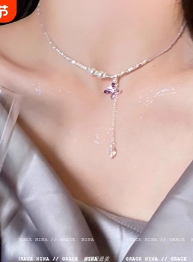 与春同频!紫色蝴蝶碎银流苏项链女轻奢小众高级感锁骨链春天配饰