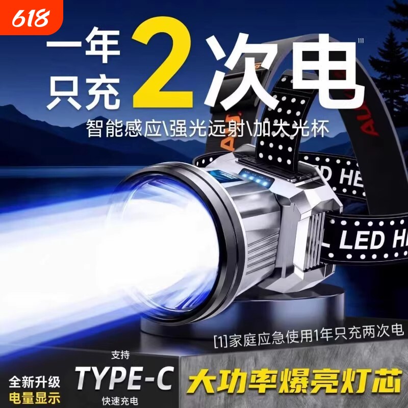 公牛适用强光头灯可充电户外超亮USB充电强续航头戴式夜钓长续航