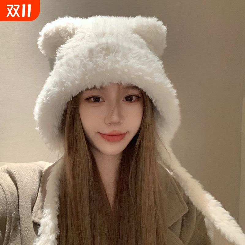 毛绒帽子女秋冬可爱小熊耳朵护耳毛线新款保暖针织包头雷锋帽时尚