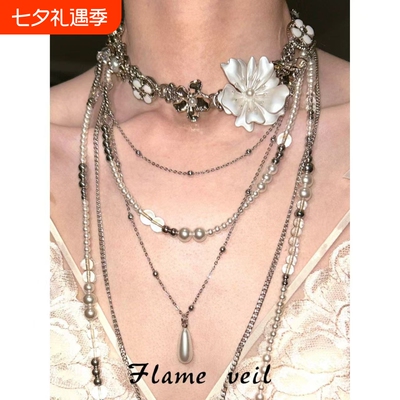 中古vintage多层叠戴串珠花朵项链甜酷高级感锁骨链时尚气质颈链