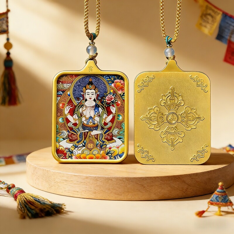 扎基拉姆绿度母文殊普贤菩萨唐卡吊坠钛钢佛牌黄财神本命佛项链