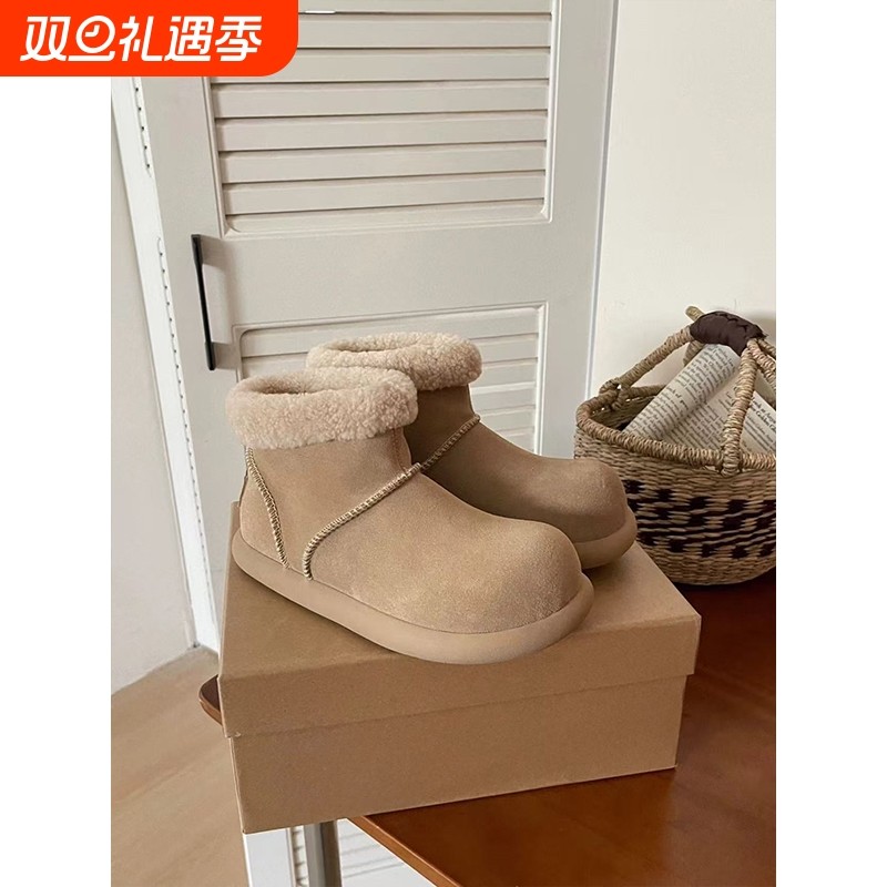 河南桑坡冬季小土豆卷毛雪地靴女2025新款大头鞋加绒短筒防水咖色
