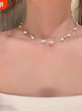 韩系双层珍珠满天星项链女高级感轻奢小众颈链配饰锁骨链choker
