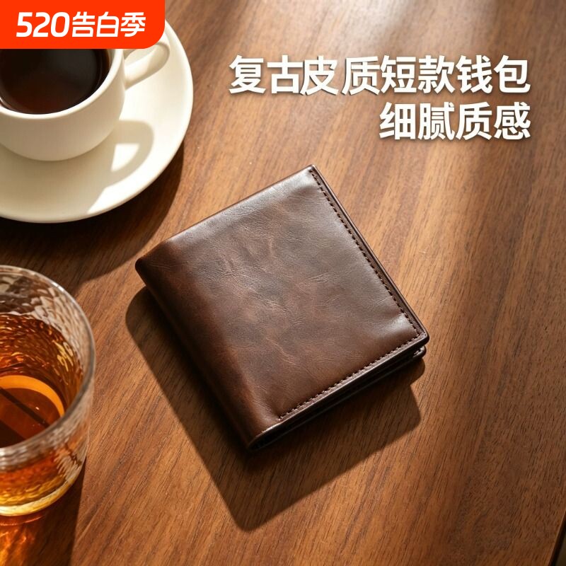 男士多功能2026新款多卡位收纳包双折短款潮流卡包轻薄零钱包皮革