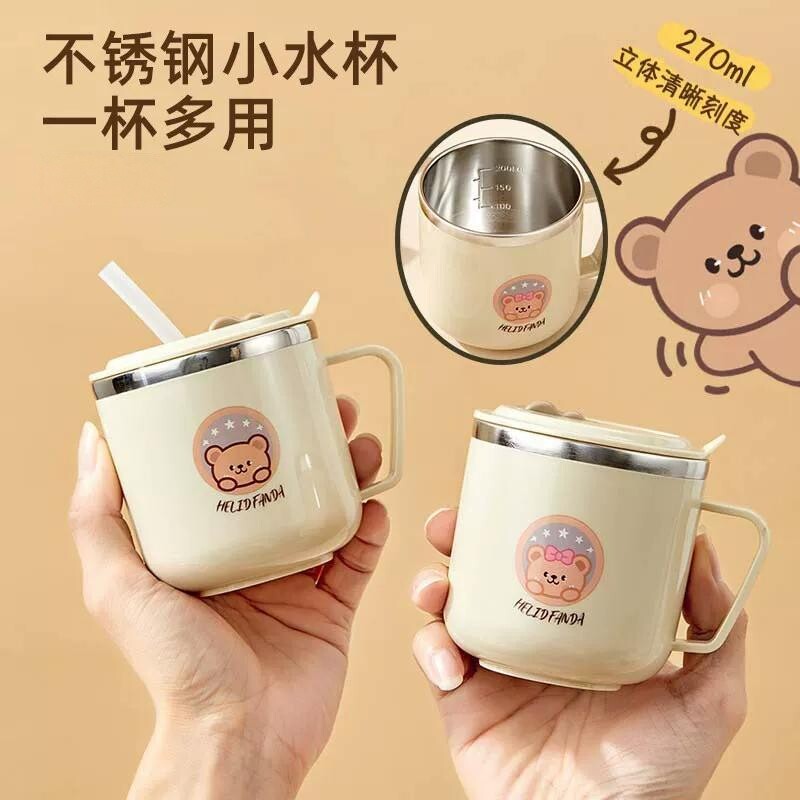 儿童水杯家用不锈钢防摔吸管杯敞口刻度喝水杯牛奶杯宝宝学饮杯子