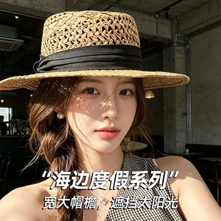 美式老钱风平顶草帽帽子绑带小头围遮阳帽女防晒草编太阳帽显气质