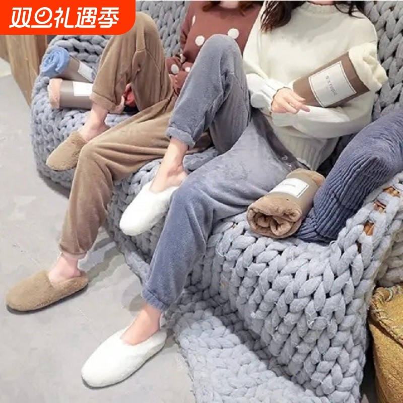 睡裤女长裤冬保暖套装珊瑚绒加绒可外穿可爱休闲大码家居暖暖柔软