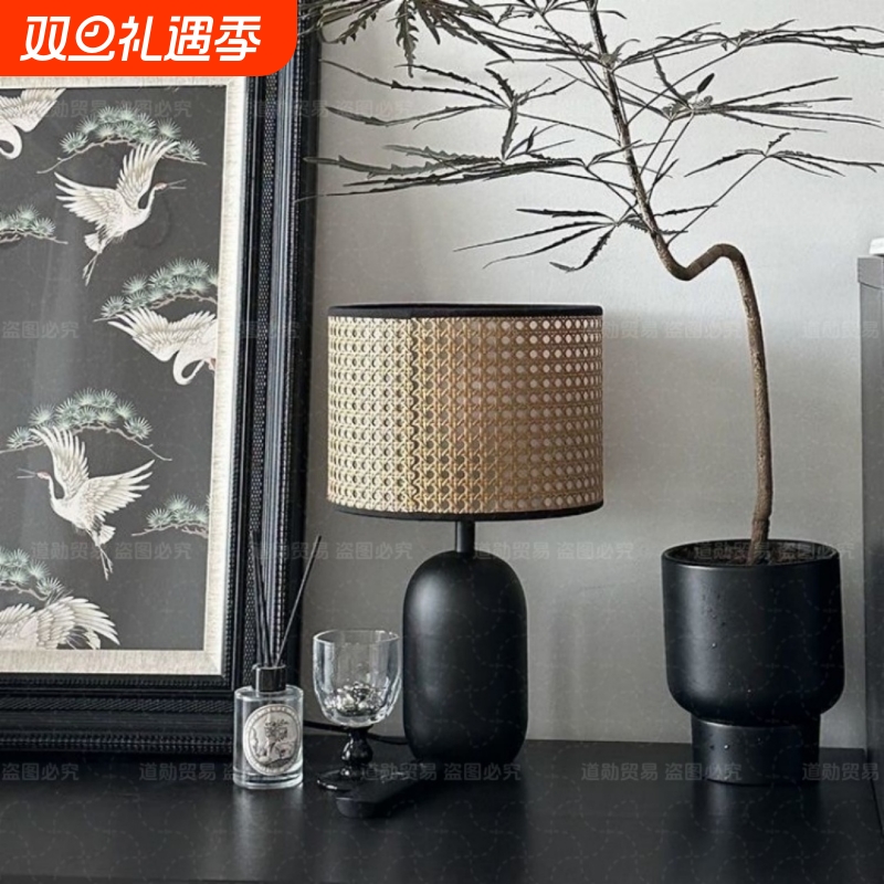 日式侘寂风藤编台灯卧室美式中式复古中古轻奢客厅边柜装饰床头灯