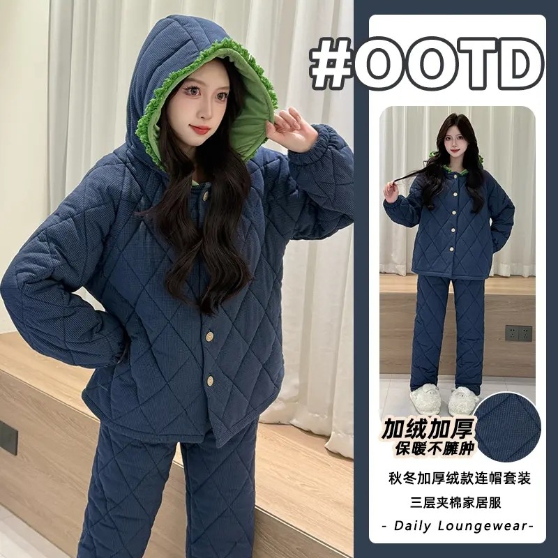 睡衣女秋冬季天2025新款纯棉夹棉袄加厚女生保暖大码可外穿家居服