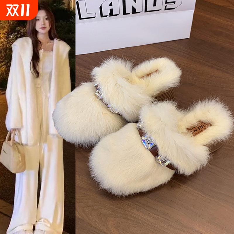 白色高跟毛毛拖鞋女外穿加绒保暖一脚蹬秋冬季2025新款勃肯棉拖鞋