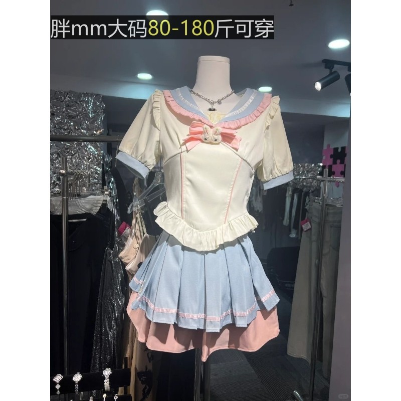 jk制服大码设计感洋气蝴蝶结短袖衬衣撞色蛋糕蓬蓬裙两件套衬衫