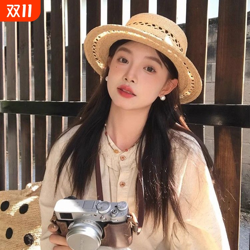 纯手工编织平顶草帽子女2025新款夏防晒镂空优雅礼帽出游