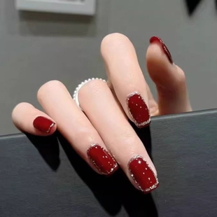 秋冬短款穿戴假指甲新年纯色高级感美甲贴片中长款法式中款蝴蝶结