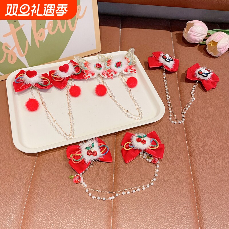 新年红色发夹儿童年头发饰中国风朵女童汉服步摇发卡子花过年风流