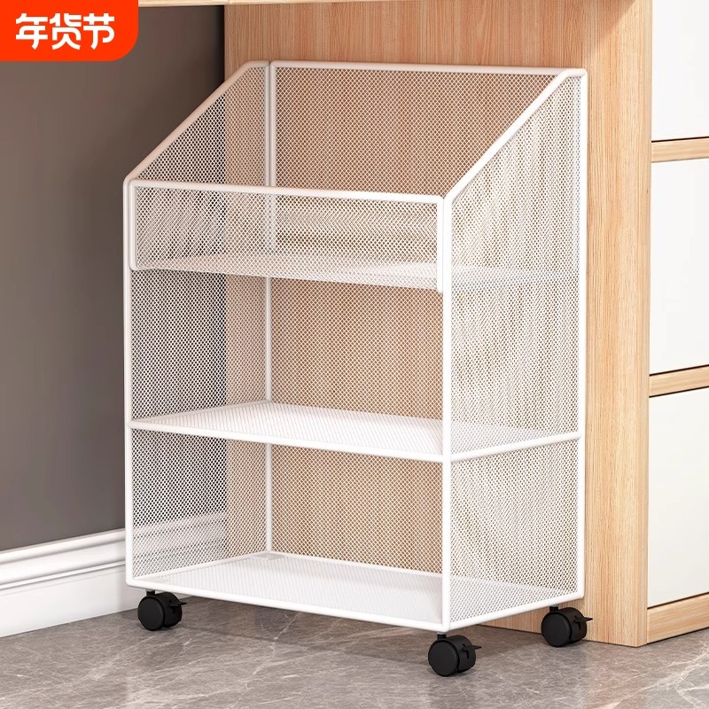 可移动桌下书架落地置物架学生桌边收纳架多层书筐带轮简易小推车
