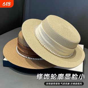 日式夏季法式女士平顶草编草帽平顶帽女款2025平沿海边防晒礼帽子