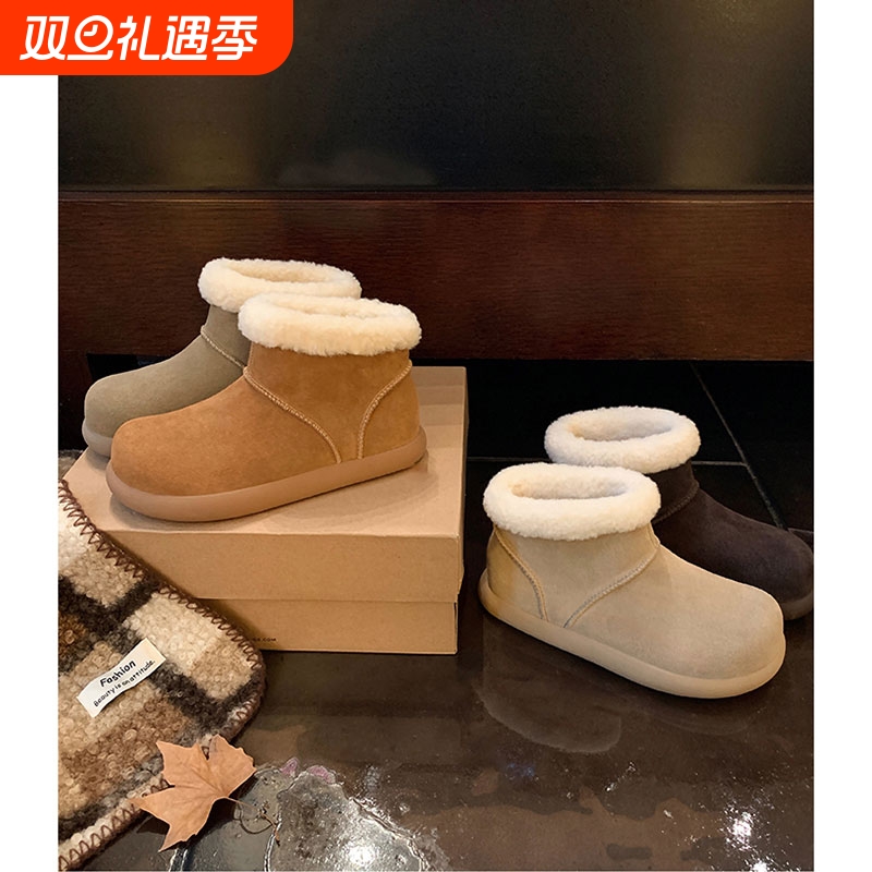 sheii小~保暖厚底勃肯短筒毛毛短靴女雪地靴冬平底毛绒卡其色圆头