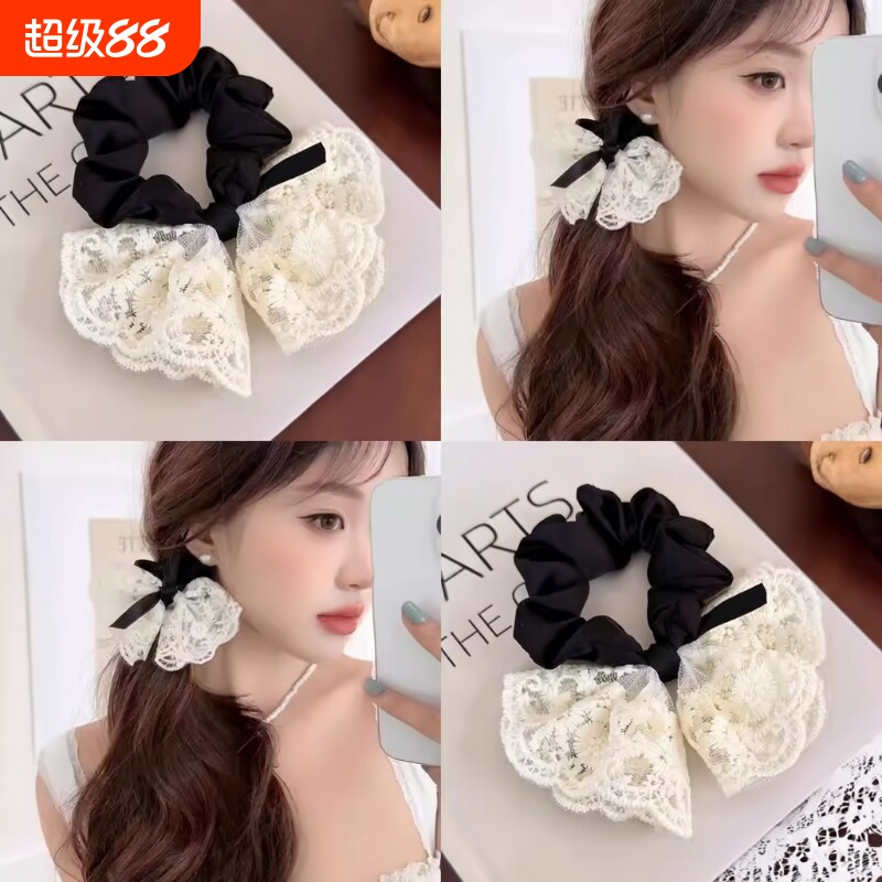 甜美蝴蝶结千金发圈女蕾丝双层温柔韩版皮筋时尚刺绣复古发绳气质