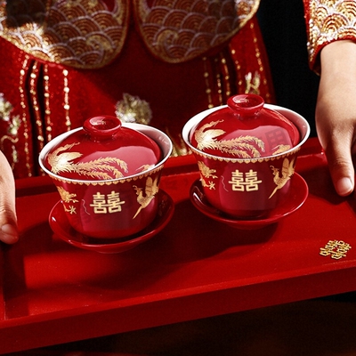 敬茶杯结婚用品喜碗敬酒茶杯对碗改口陪嫁碗筷套装茶碗陶瓷托盘