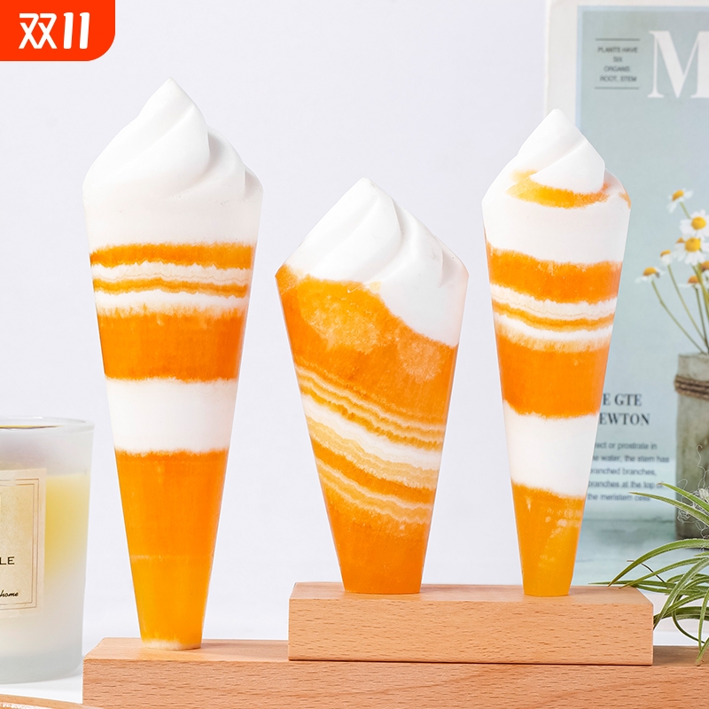 天然水晶黄方解石冰淇淋雕刻件金冻石冰淇淋家居办公装饰品