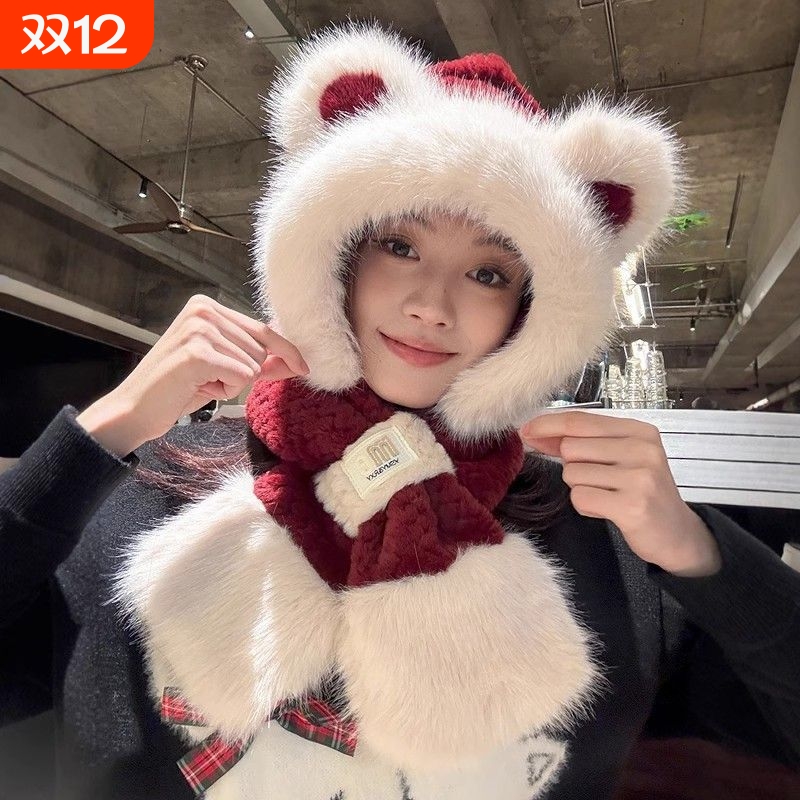 冬天帽子围巾一体女冬季加厚保暖护耳帽防寒防风可爱小熊帽红色