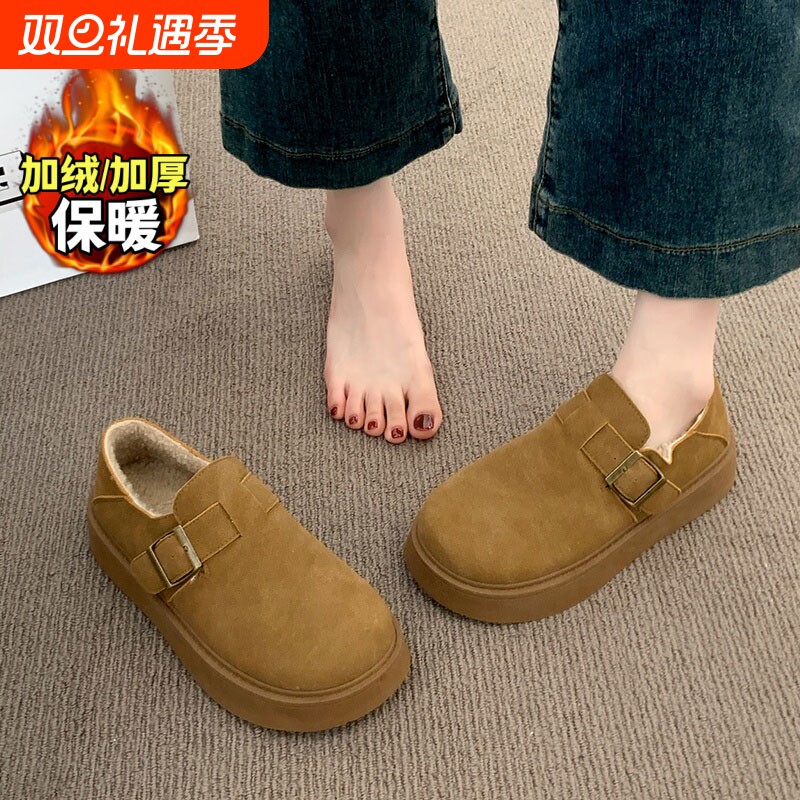 皮毛一体复古勃肯鞋女冬季新款增高厚底毛毛鞋34小码加绒保暖棉鞋