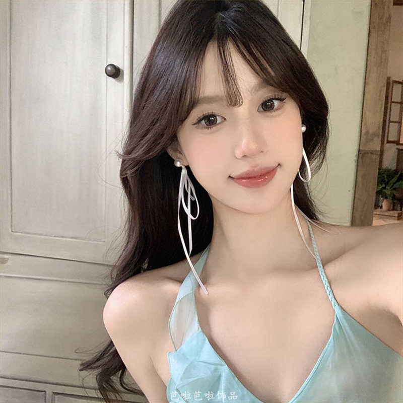夏日芭蕾风长款仙气蝴蝶结丝带珍珠耳环独特甜美气质耳钉耳饰女
