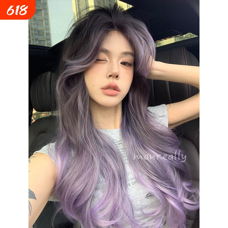 漫真假发长卷发巴黎画染紫个性日常时尚渐变氛围感前额蕾丝全头套