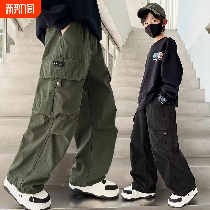 儿童运动春秋季新款工装裤黑色男童裤子休闲胖孩阔腿中大童长裤