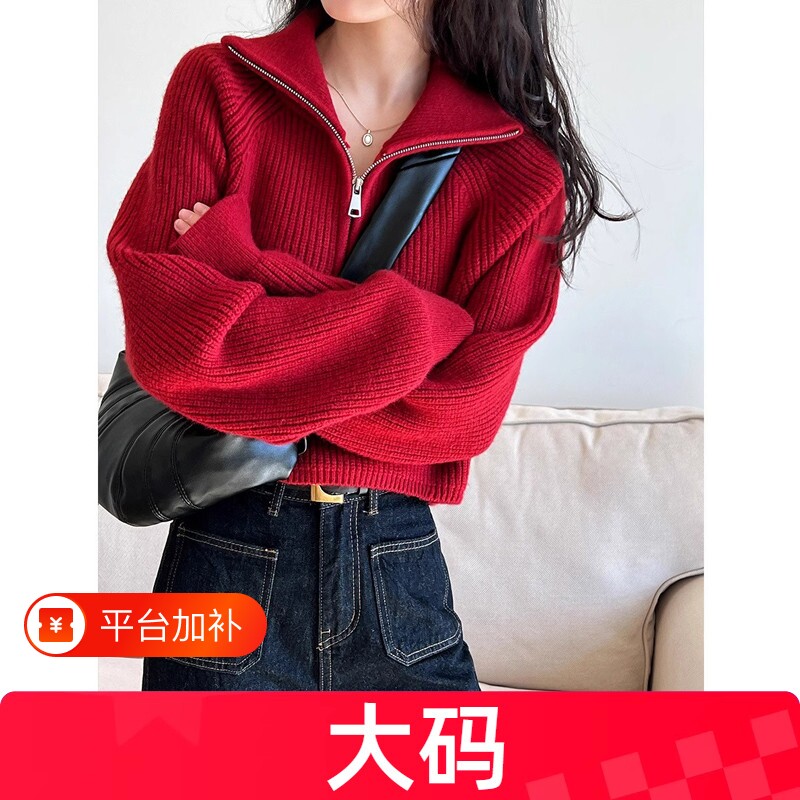 长袖上衣女半拉链高领毛衣秋冬大码纯色针织衫女设计感小众高级感