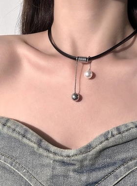 珍珠流苏皮质颈链女ins小众辣妹冷淡风脖子项链夏天简约个性choke