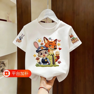 兔子警官衣服朱迪t恤白色尼克儿童短袖纯棉夏季童装男童女童上衣