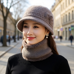 冬季妈妈帽保暖加绒老太太针织毛线帽冬天送奶奶围脖中老年帽子女