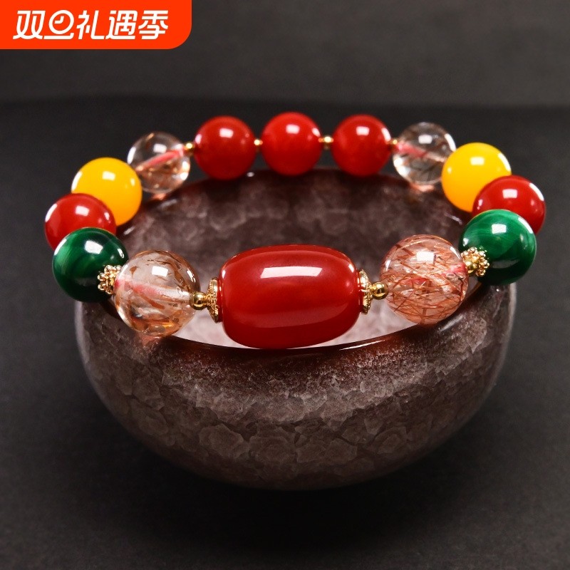 南红手串个性多宝手链玉髓孔雀石发晶手饰时尚气质女款典雅首饰品