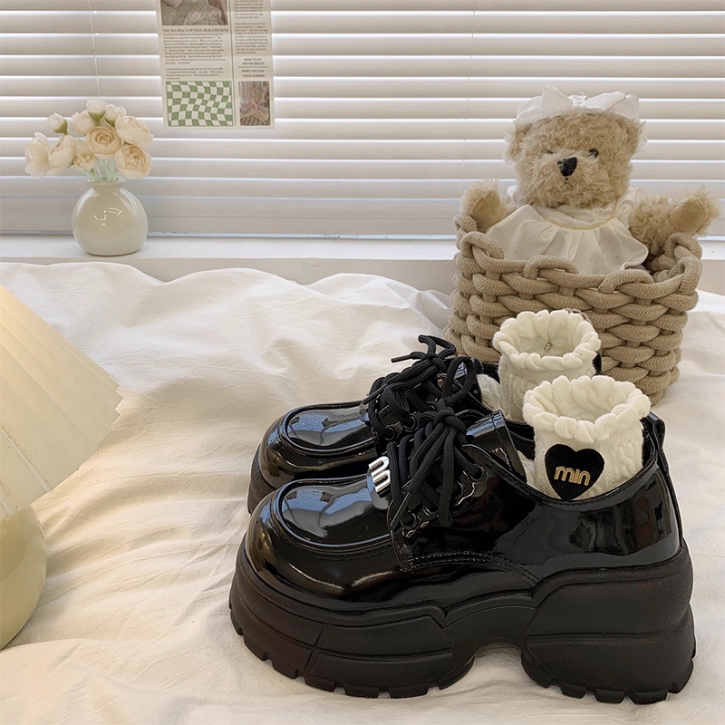 黑色厚底松糕小皮鞋女2025春季英伦学院风百搭增高单鞋系带绑带