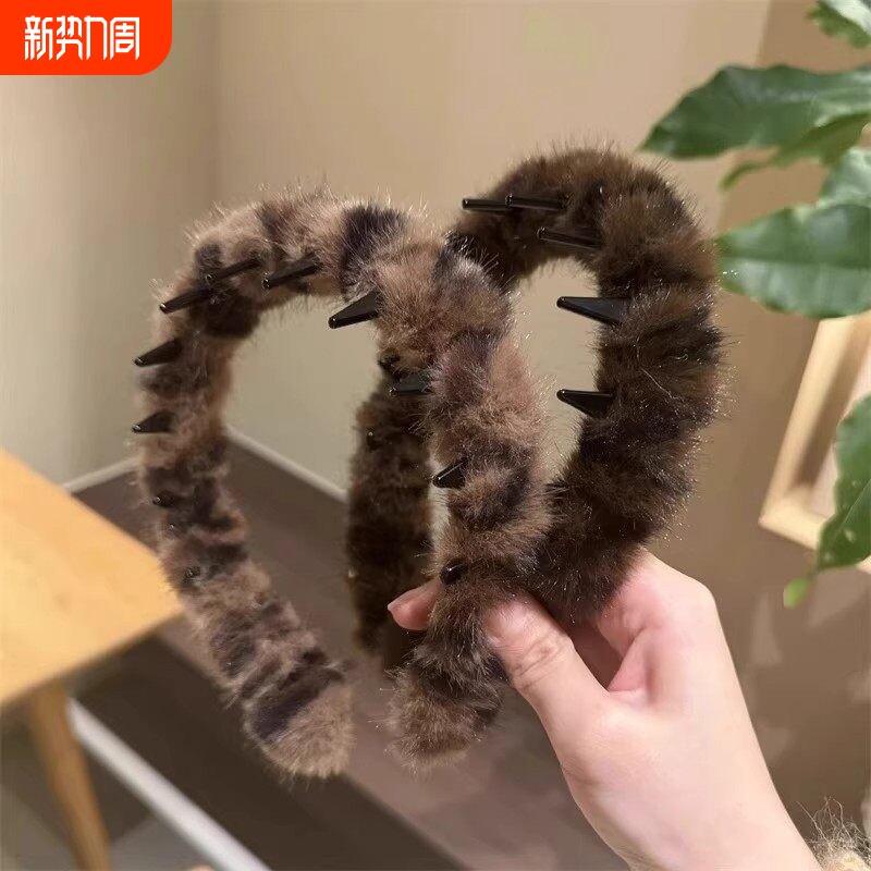 发箍新款复古豹纹带齿毛绒女防滑洗脸发卡化妆发饰头箍秋冬