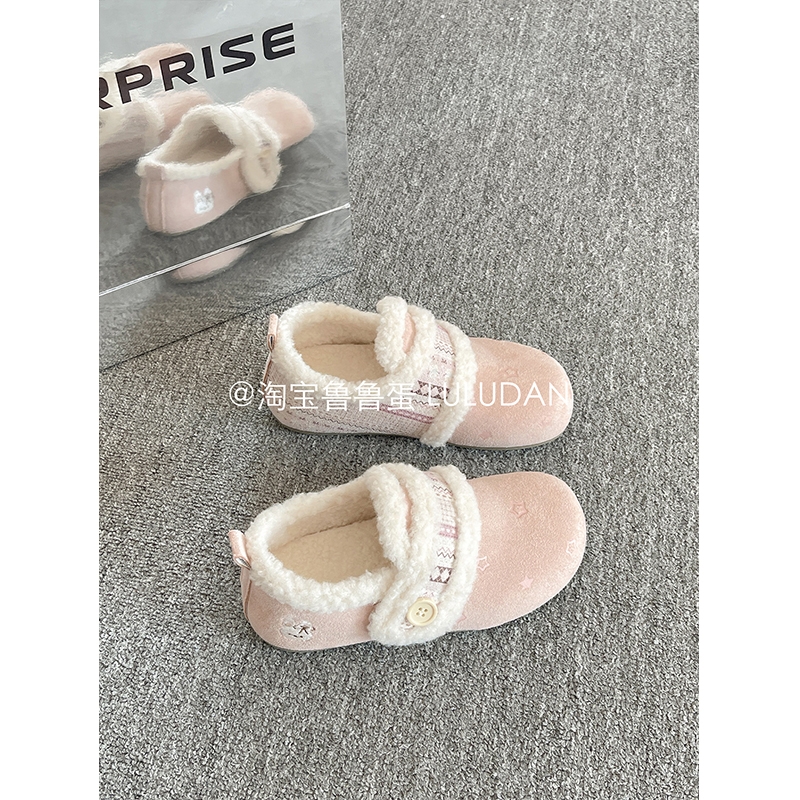 鲁鲁蛋 保暖二棉鞋小白鞋女2025新款冬季一脚蹬加绒勃肯鞋毛毛鞋