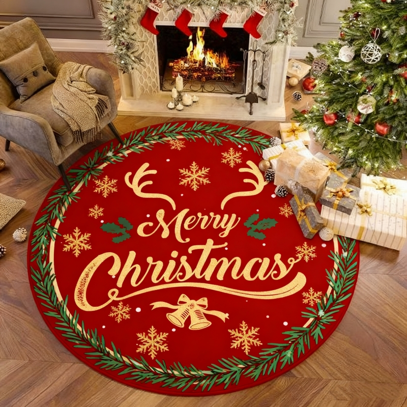 圣诞风地垫圆形圣诞树垫子氛围红色地毯卧室装饰布置脚垫家用防滑