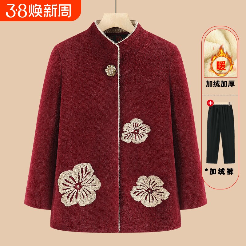 中老年人奶奶外套女妈妈冬装加绒加厚水貂绒上衣老人毛呢衣服红色