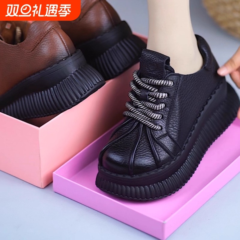 真皮复古松糕厚底增高女鞋春秋新款手工大头真皮小个子休闲单鞋女