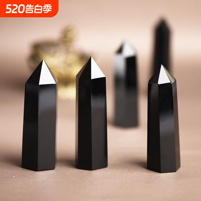 天然黑曜石打磨摆件原石六棱柱单尖水晶柱子家居客厅办公桌面摆设