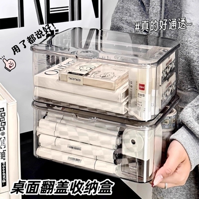 翻盖式桌面收纳盒透明亚克力防尘整理盒卧室宿舍办公室带盖杂物筐