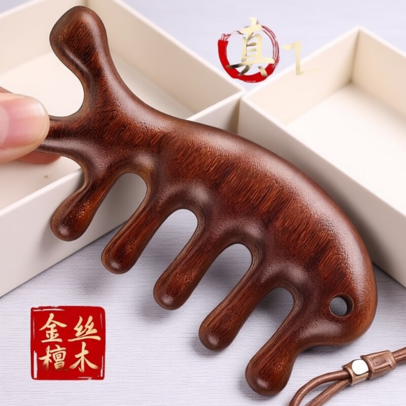 多功能檀木梳子防脱发头皮部按摩梳海豚经络头疗疏通便携小随身
