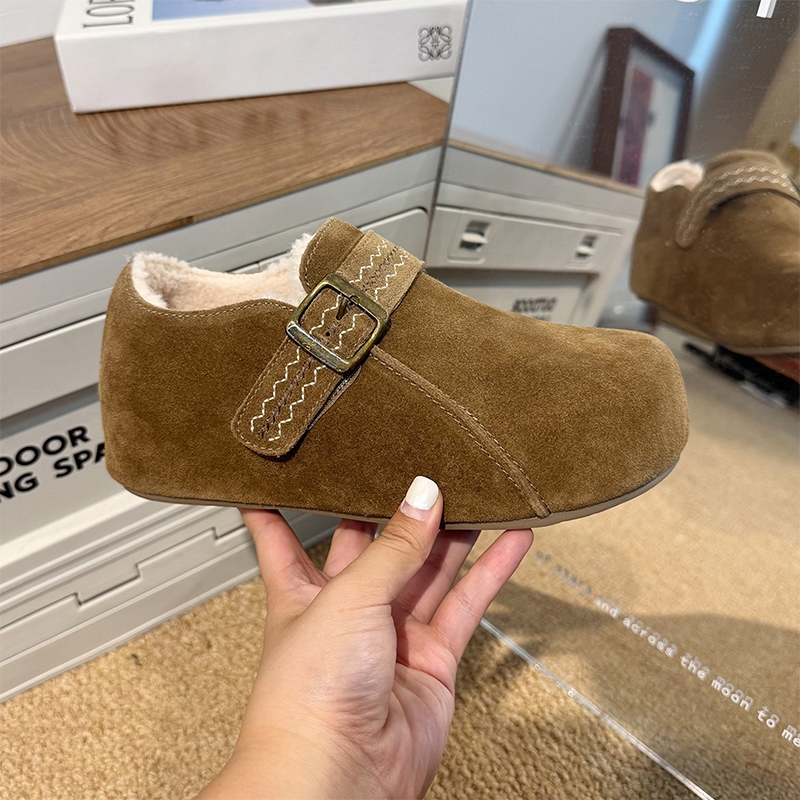 真皮厚底勃肯鞋女2025秋冬新款磨砂软皮加绒保暖棉鞋毛绒内增高