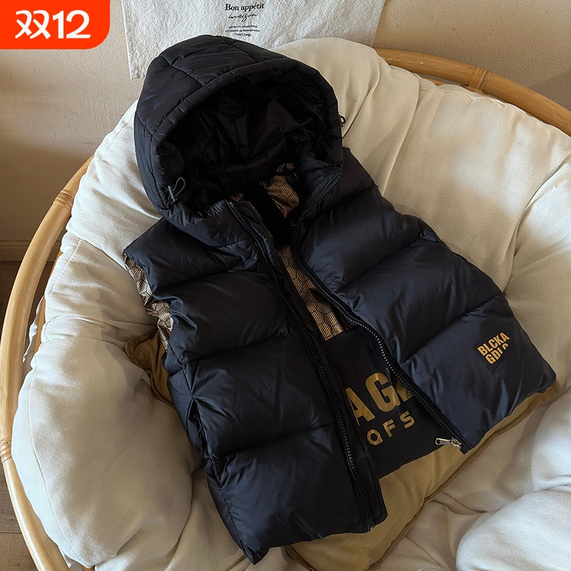 鸭鸭时尚儿童黑金羽丝绒丝服马甲中大童男女童冬保暖加厚外穿背心