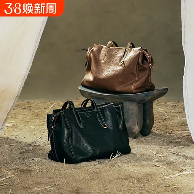 李娜同款song大容量复古旅行包植鞣牛皮公文包单肩托特包棕色质感