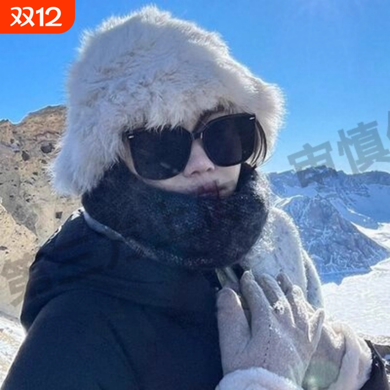 大蓬毛绒帽兔毛手工编织醒狮帽防寒渔夫帽子女可爱毛绒针织盆帽女